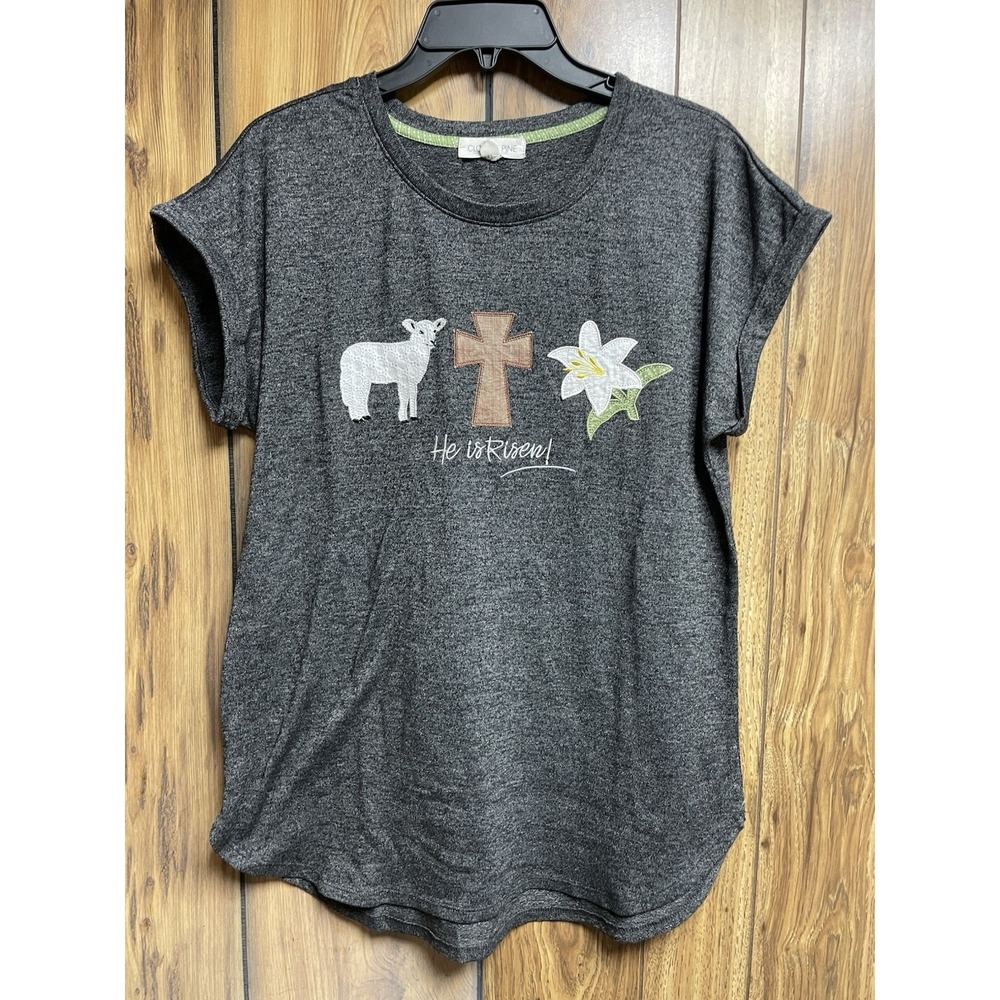 Clover + Pine Womens Size Medium T-shirt He is Risen Graphic Tee Lamb Cross